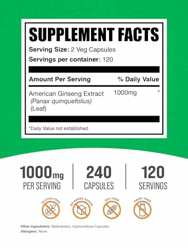 Supplement facts of American Ginseng extract capsules.