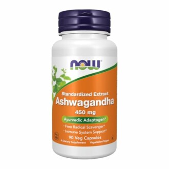 Bottle of NOW Ashwagandha 450 mg dietary supplement.