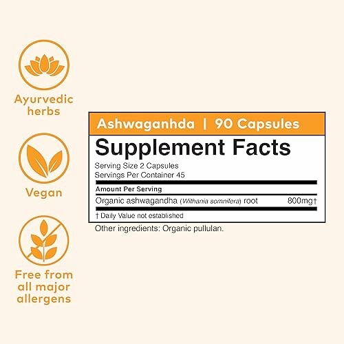 Ashwagandha supplement facts label with vegan and allergen-free icons.