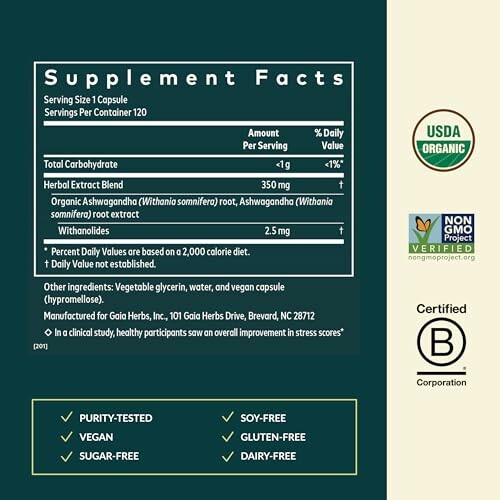 Supplement facts label for organic ashwagandha capsules, including ingredients and certifications.