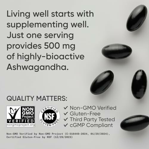 Ashwagandha supplement information with quality certifications.