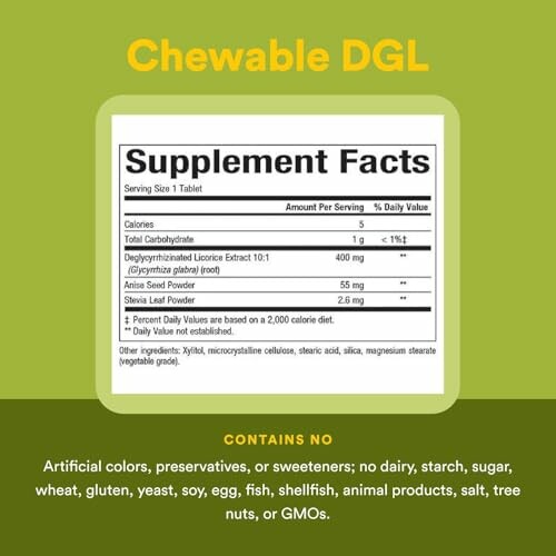 Chewable DGL supplement facts and ingredients.