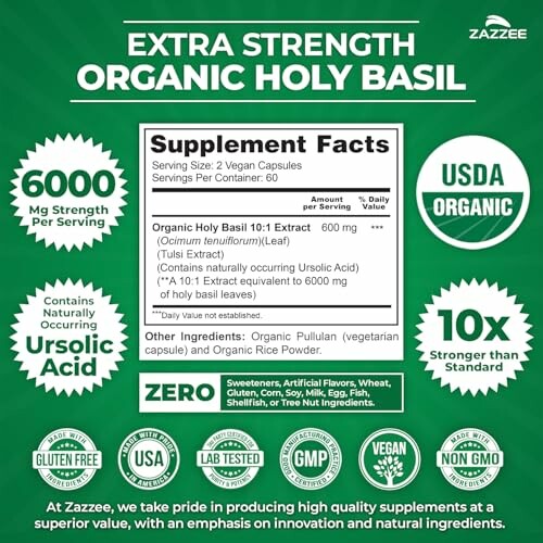 Extra strength organic holy basil supplement with key features and benefits highlighted.