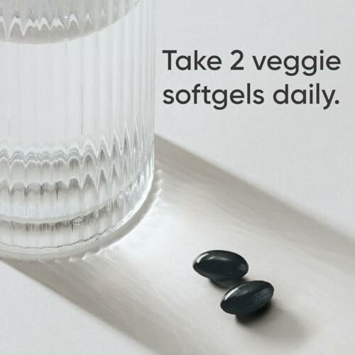 Glass of water with two veggie softgels and text 'Take 2 veggie softgels daily.'