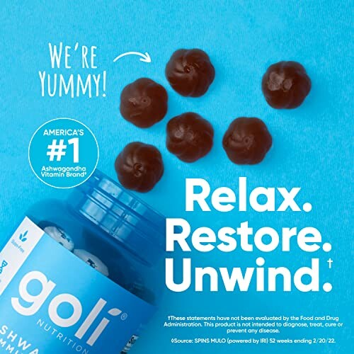 Goli Ashwagandha gummies with Relax, Restore, Unwind text