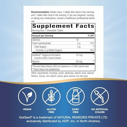 GutGard supplement facts label with nutritional information and icons for vegan, gluten-free, dairy-free, and no artificial colors.