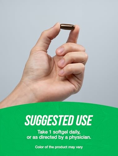 Hand holding a softgel capsule above suggested use text.