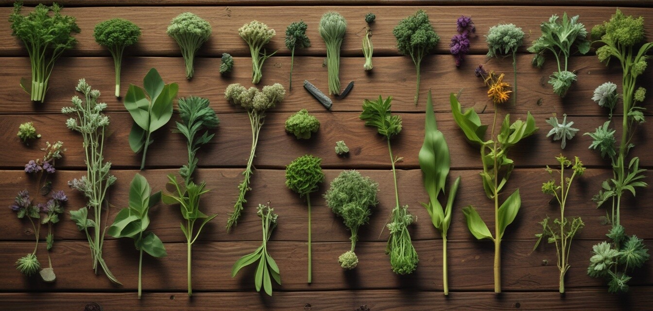 Adaptogenic herbs on a wooden table
