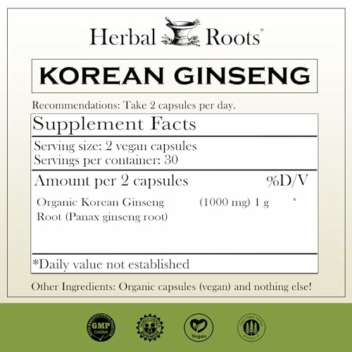 Herbal Roots Korean Ginseng supplement facts label.