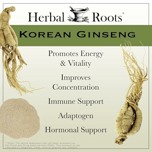 Herbal Roots Korean Ginseng benefits listed.