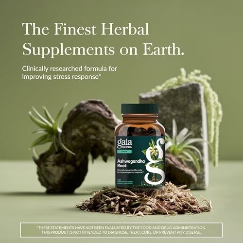 Herbal supplement bottle with ashwagandha root, promoting stress relief.