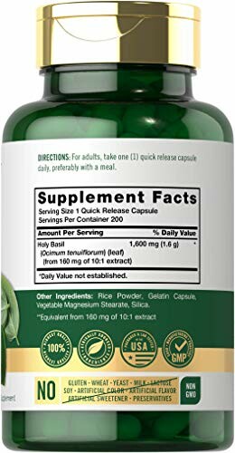 Holy Basil supplement bottle with nutrition facts label.