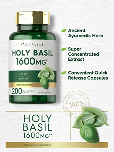Holy Basil 1600mg supplement bottle with key benefits listed.