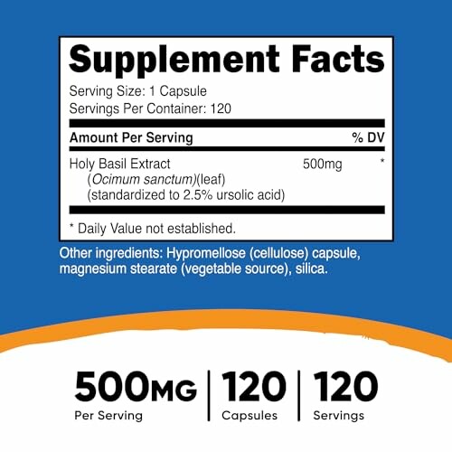 Supplement facts label for holy basil extract capsules.