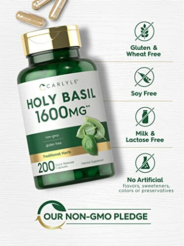 Holy Basil 1600mg supplement bottle with non-GMO and allergen-free labels.