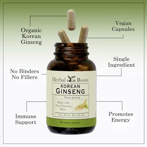 Herbal Roots Korean Ginseng supplement bottle with capsules.