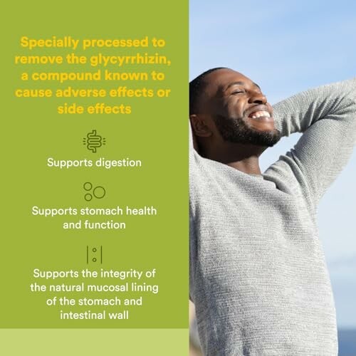 Man enjoying sunlight; benefits of glycyrrhizin-free licorice extract listed.