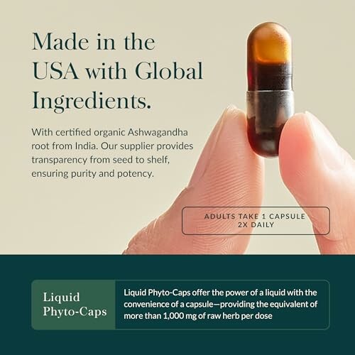 Hand holding a Liquid Phyto-Cap with text about ingredients and dosage.