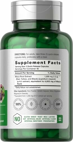Green bottle with maca root extract supplement facts label.