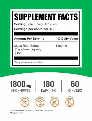 Supplement facts label for maca root extract capsules.