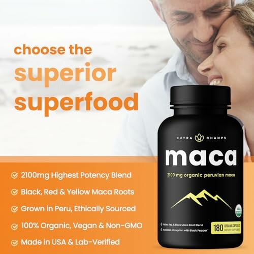 Maca supplement advertisement with product benefits.