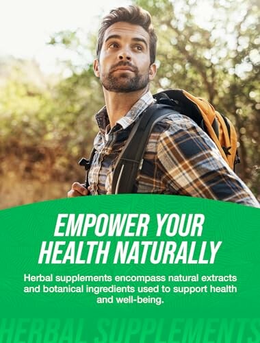 Man with backpack outdoors, text on herbal supplements.