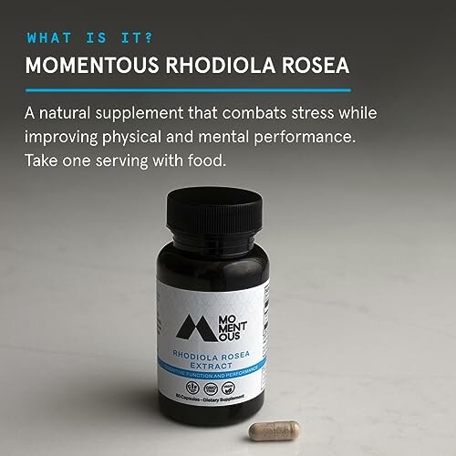 Momentous Rhodiola Rosea supplement bottle and capsule on a surface.