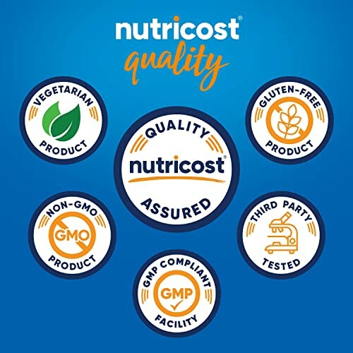 Nutricost quality assurance badges for vegetarian, gluten-free, non-GMO, GMP compliant, and third-party tested products.
