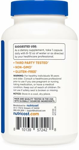 Back of a Nutricost supplement bottle with usage instructions and warnings.