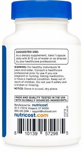Back label of a Nutricost supplement bottle with usage instructions and manufacturer details.