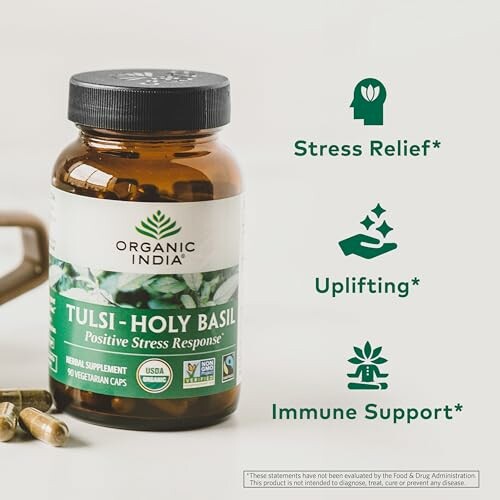 Organic India Tulsi Holy Basil supplement bottle with stress relief, uplifting, and immune support benefits.