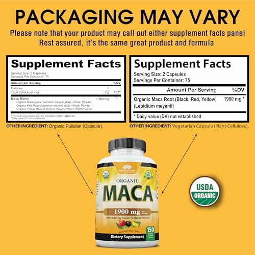 Label of Organic Maca supplement with packaging may vary note and USDA organic seal.