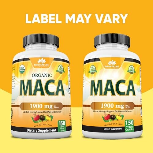 Two bottles of organic maca dietary supplement capsules.