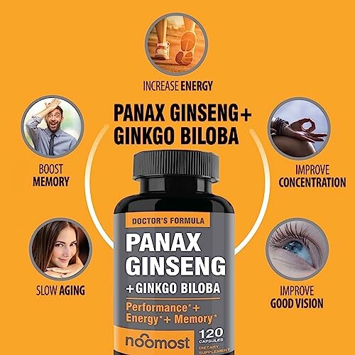 Panax Ginseng and Ginkgo Biloba supplement benefits: increase energy, boost memory, improve concentration, slow aging, improve good vision.