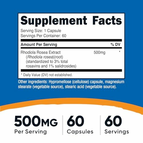 Supplement facts for Rhodiola Rosea extract, 500mg per serving, 60 capsules.