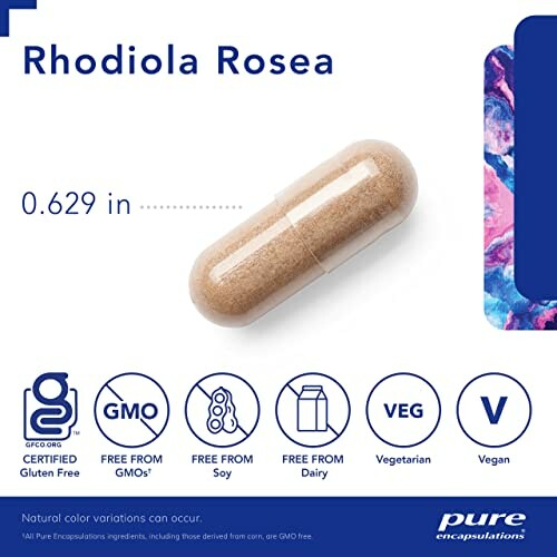 Rhodiola Rosea supplement capsule with gluten-free, GMO-free, soy-free, dairy-free, vegetarian, vegan icons.