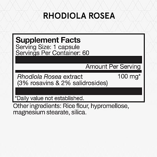 Rhodiola Rosea supplement facts label with serving size and ingredients.