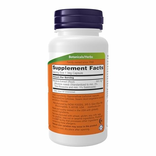 Bottle of Rhodiola Extract Supplement with Supplement Facts label.