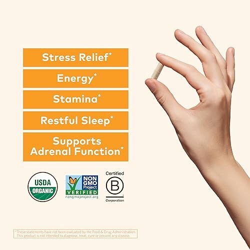 Hand holding supplement with benefits listed: stress relief, energy, stamina, restful sleep, supports adrenal function.