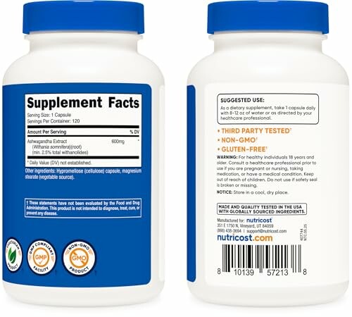 Front and back labels of a supplement bottle showing supplement facts and certifications.