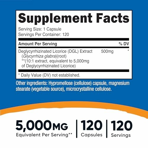 Supplement facts label for Deglycyrrhizinated Licorice extract showing serving size and ingredients.
