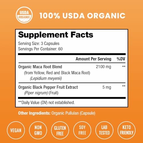 USDA organic supplement facts for maca root and black pepper.