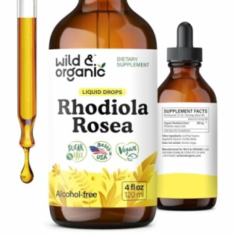 Wild Organic Rhodiola Rosea liquid drops bottle with supplement facts.