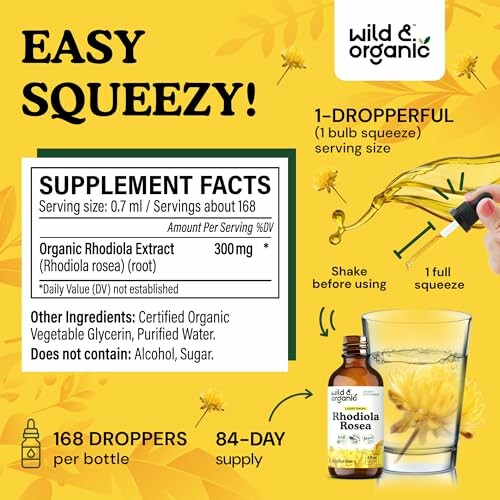 Wild & Organic Rhodiola Rosea supplement with dropper and supplement facts.