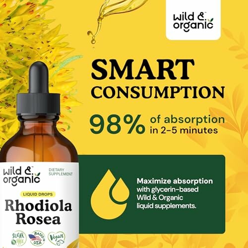 Wild & Organic Rhodiola Rosea liquid drops for smart consumption with 98% absorption.