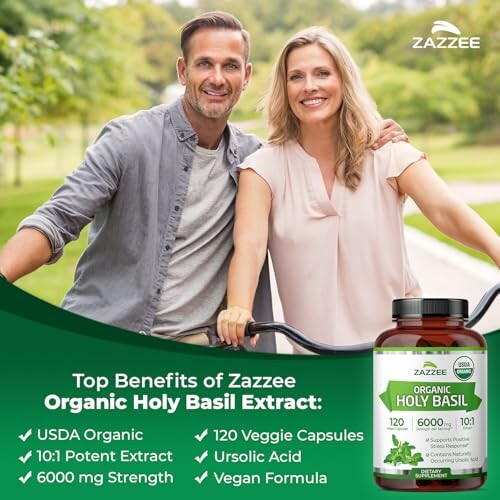 Couple smiling with Zazzee Organic Holy Basil Extract benefits listed.